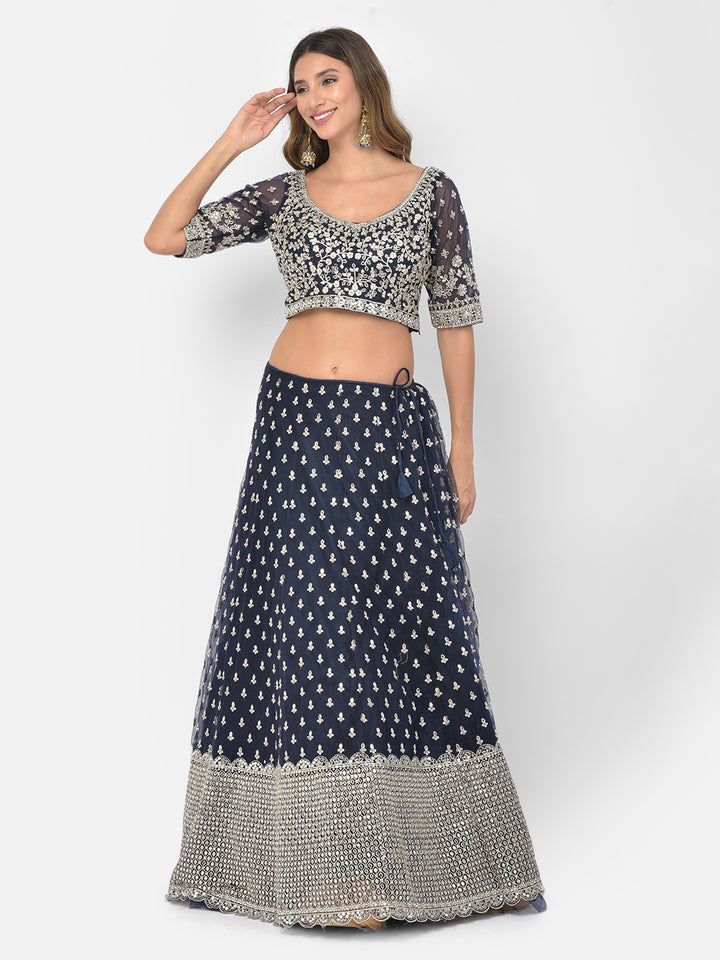 Neerus Blue net embellished lehenga choli set - detail view 5