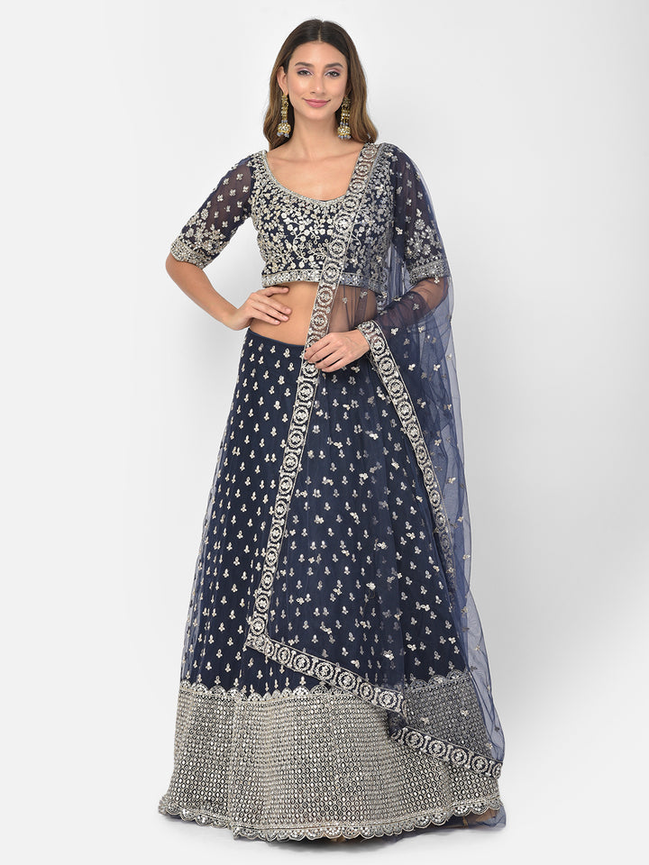 Neerus Blue net embellished lehenga choli set - front view