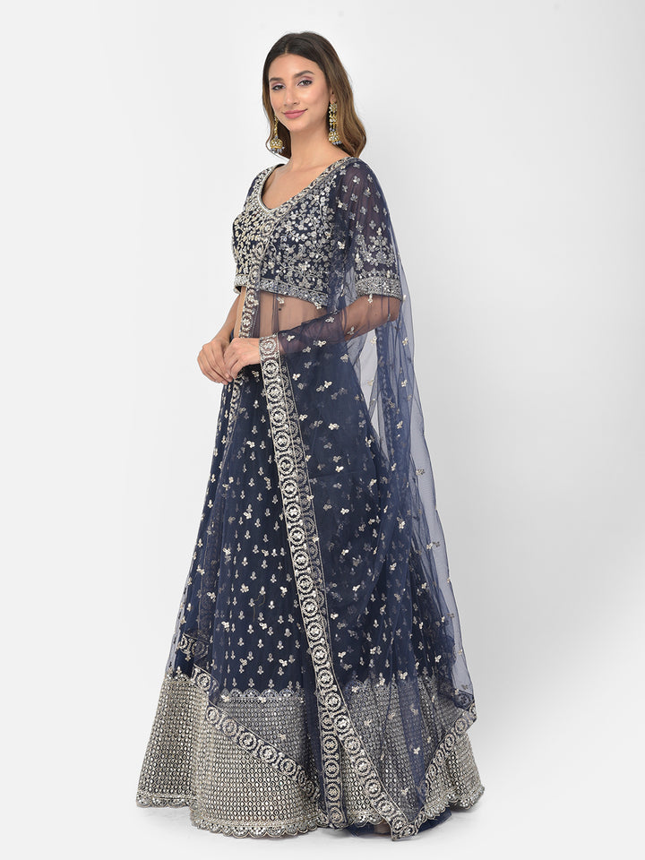 Neerus Blue net embellished lehenga choli set - side view