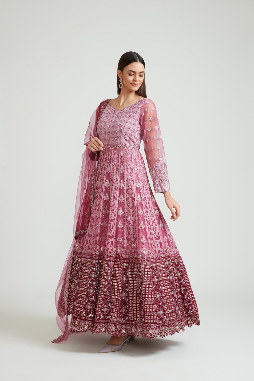 Neerus Purple Color Nett Fabric Gown With Dupatta