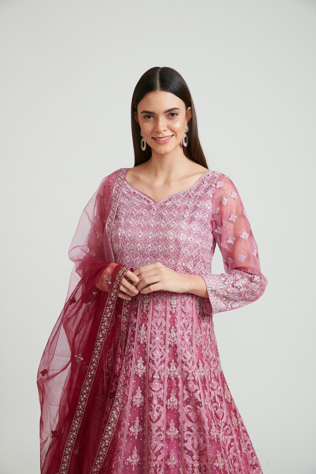 Neerus Purple Color Nett Fabric Gown With Dupatta