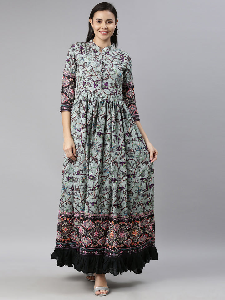 Neerus Green modal printed dress - front view