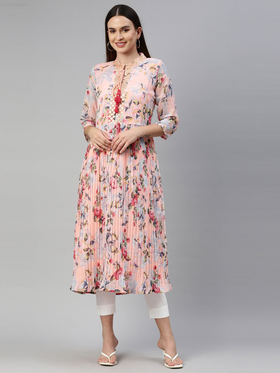 Neerus Orange georgette straight kurti - detail view 5