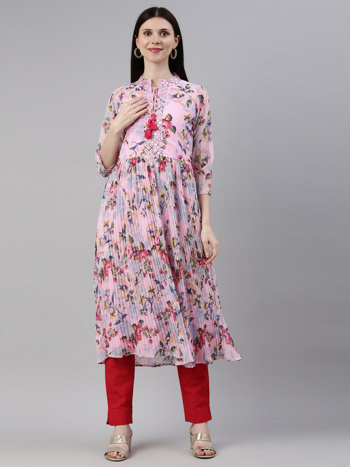 Neerus Pink georgette straight kurti - detail view 6