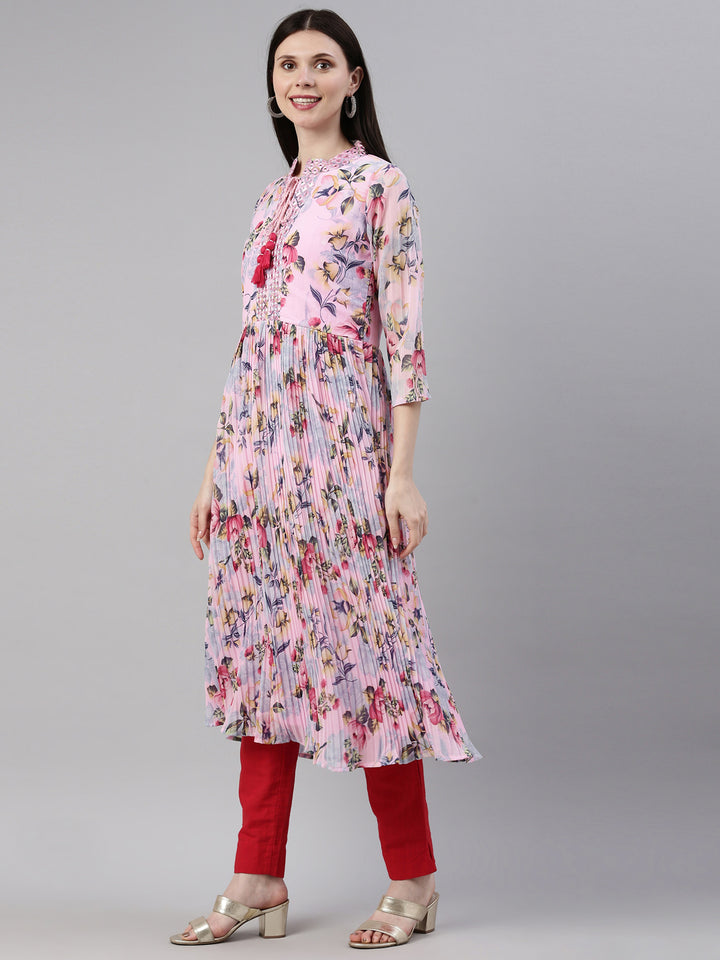 Neerus Pink georgette straight kurti - side view