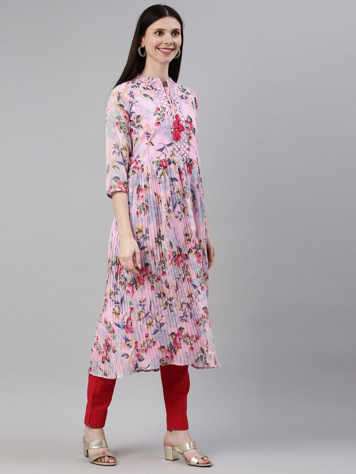 Neerus Pink georgette straight kurti - detail view 1