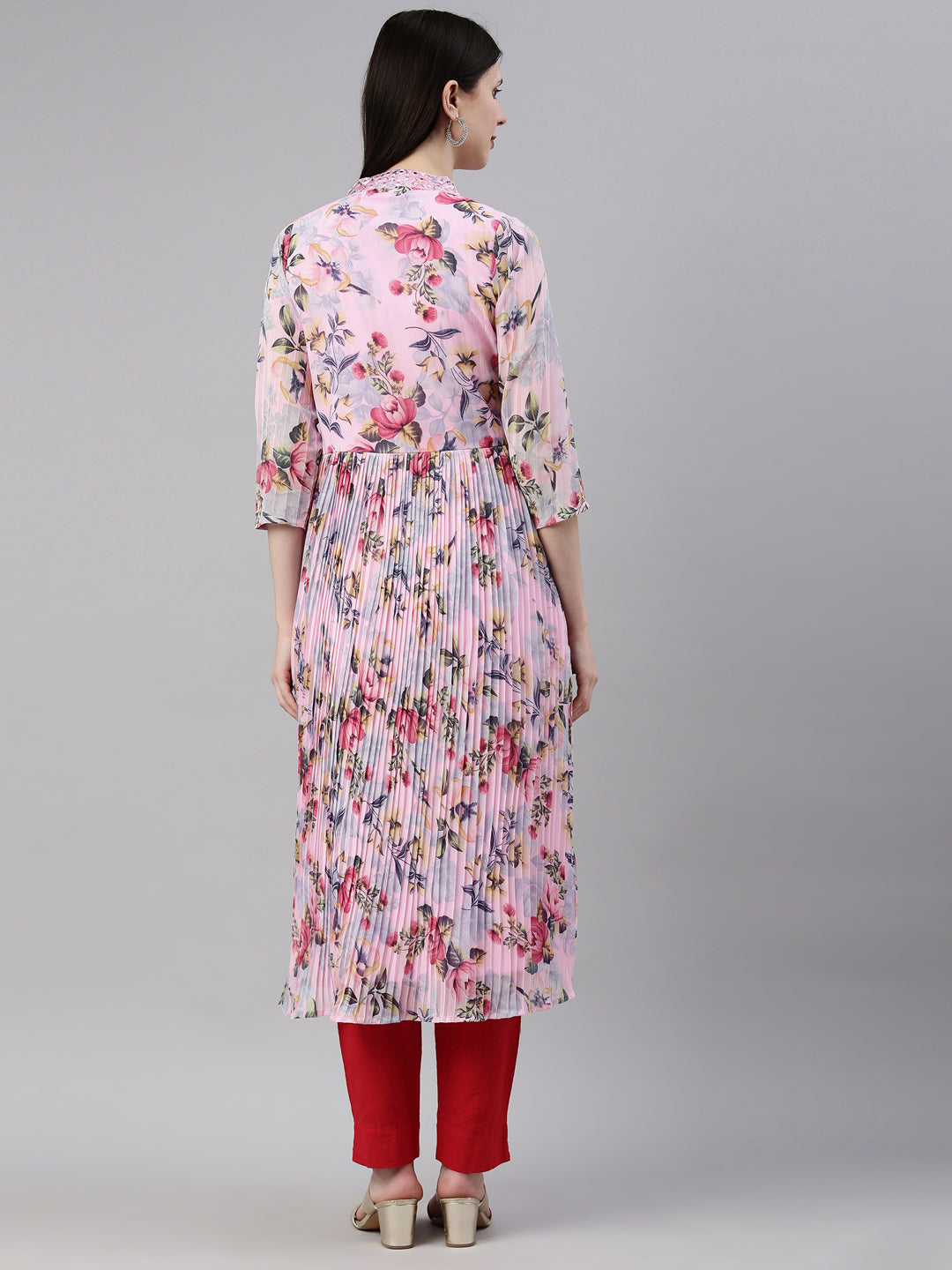 Neerus Pink georgette straight kurti - detail view 2