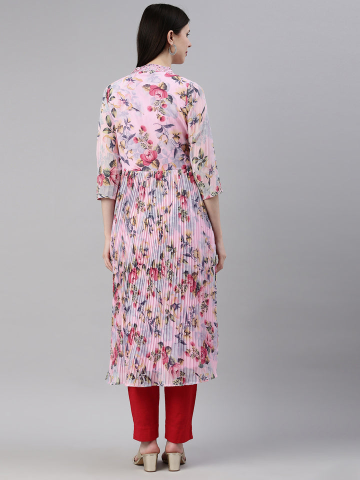 Neerus Pink georgette straight kurti - detail view 2