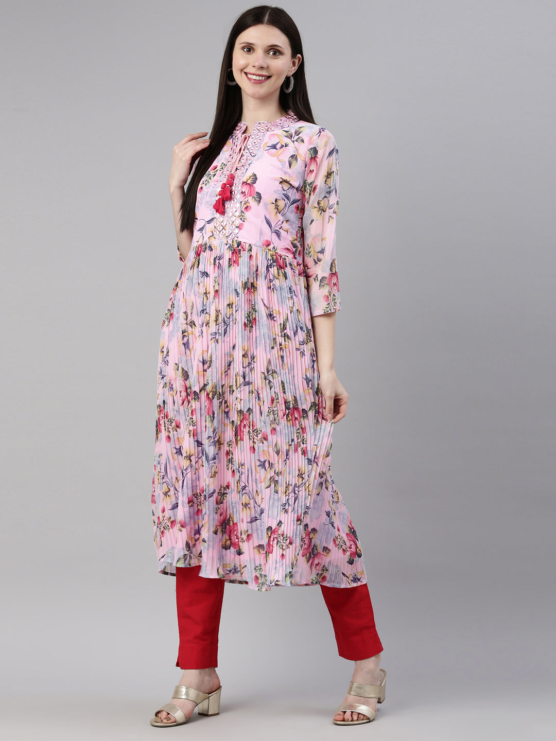 Neerus Pink georgette straight kurti - detail view 3