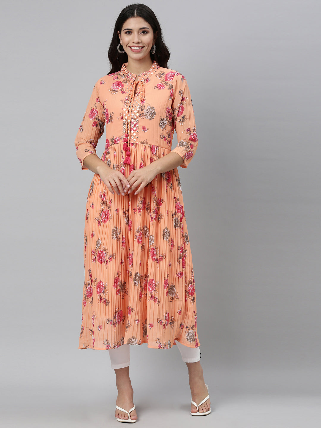 Neerus Orange georgette mirror work kurti - detail view 4