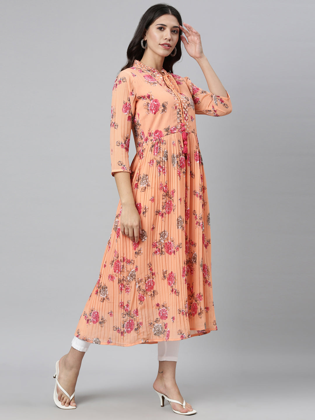 Neerus Orange georgette mirror work kurti - front view