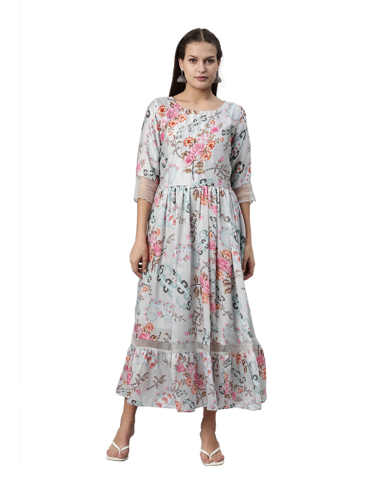 Neerus Grey satin solid kurti - front view