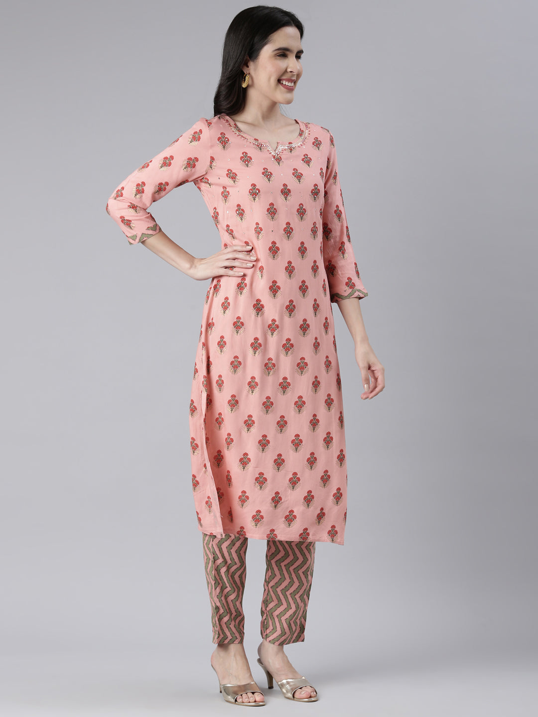 Neerus Pink rayon solid kurta set with trousers - back view