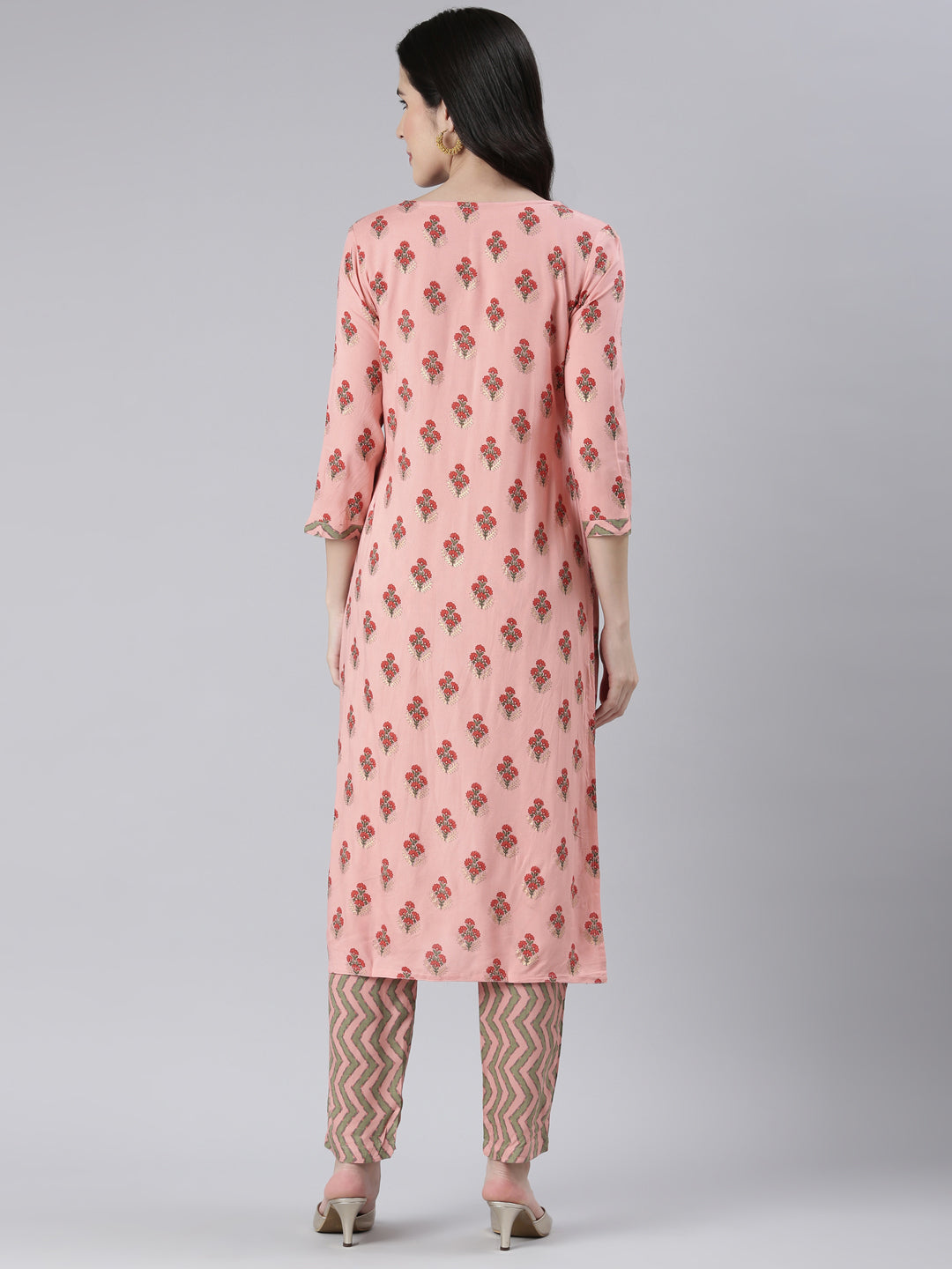 Neerus Pink rayon solid kurta set with trousers - side view