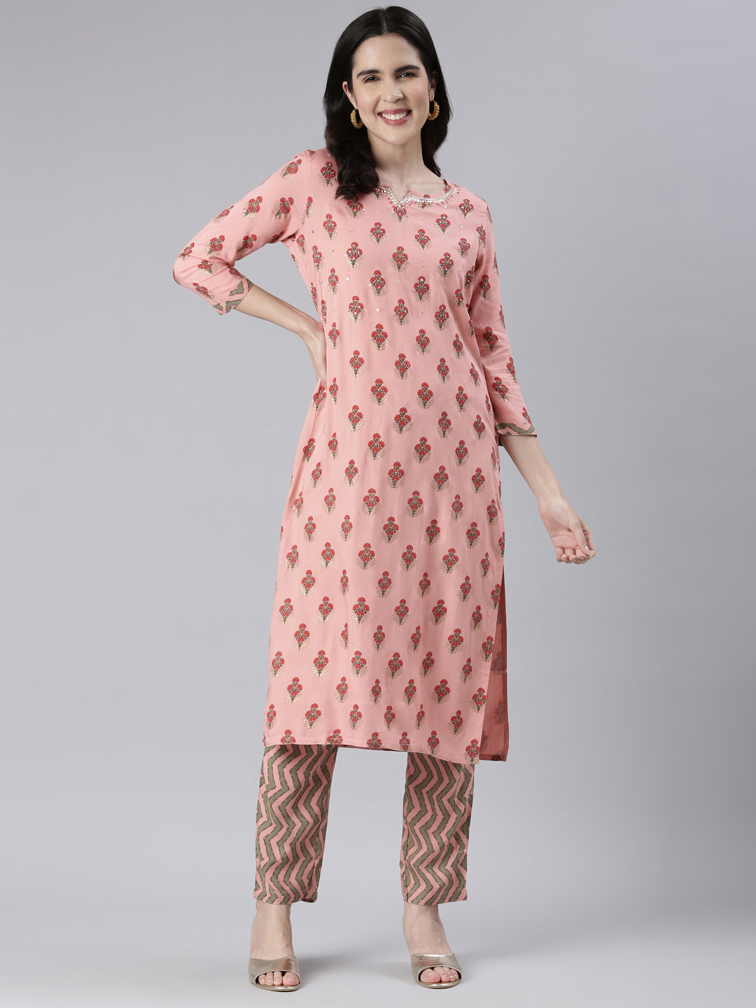 Neerus Pink rayon solid kurta set with trousers - detail view 2