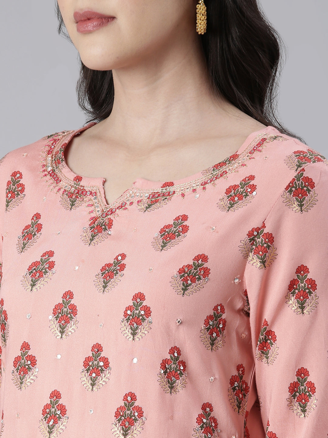 Neerus Pink rayon solid kurta set with trousers - detail view 1