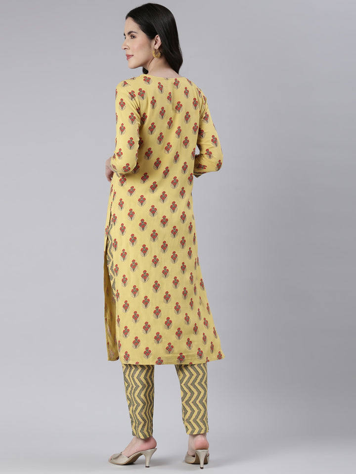 Neerus Yellow Rayon Solid Kurta Set with Trousers - side view