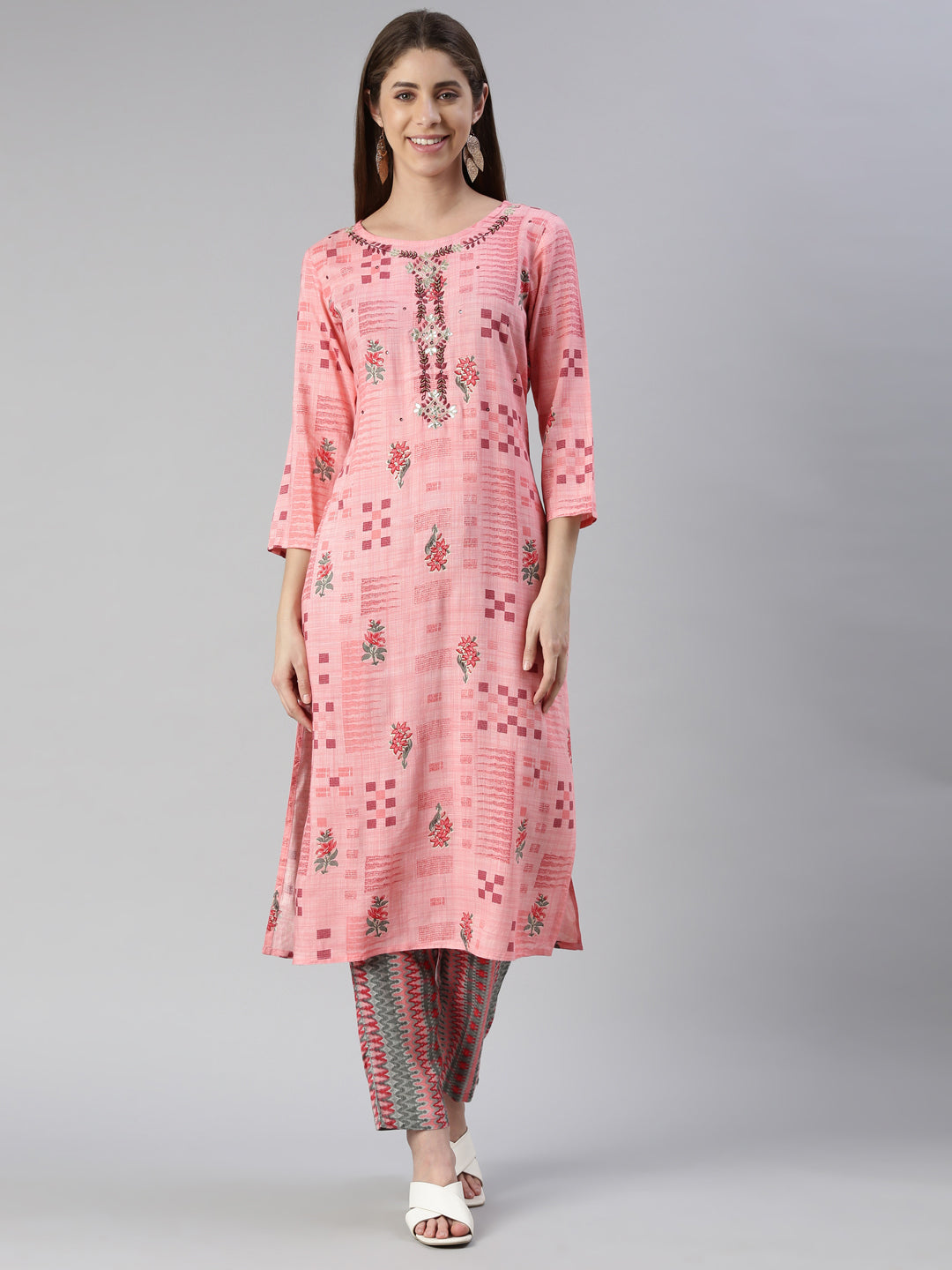 Neerus Women Pink Embroidered Calf Length Kurta And Trousers