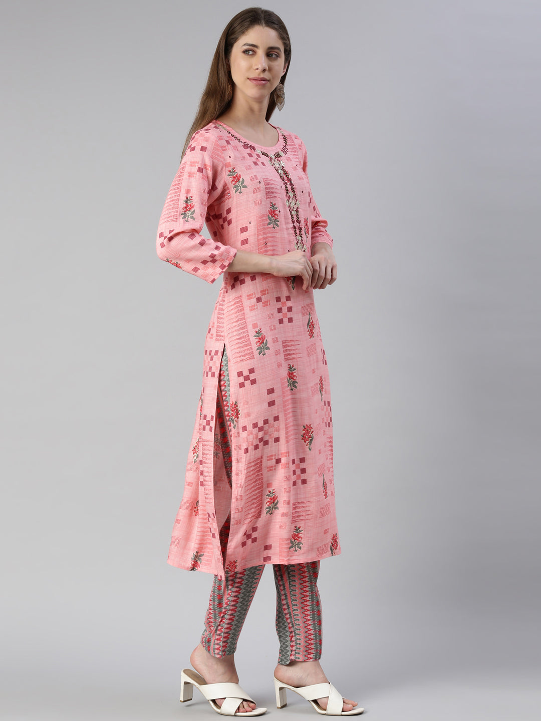 Neerus Women Pink Embroidered Calf Length Kurta And Trousers