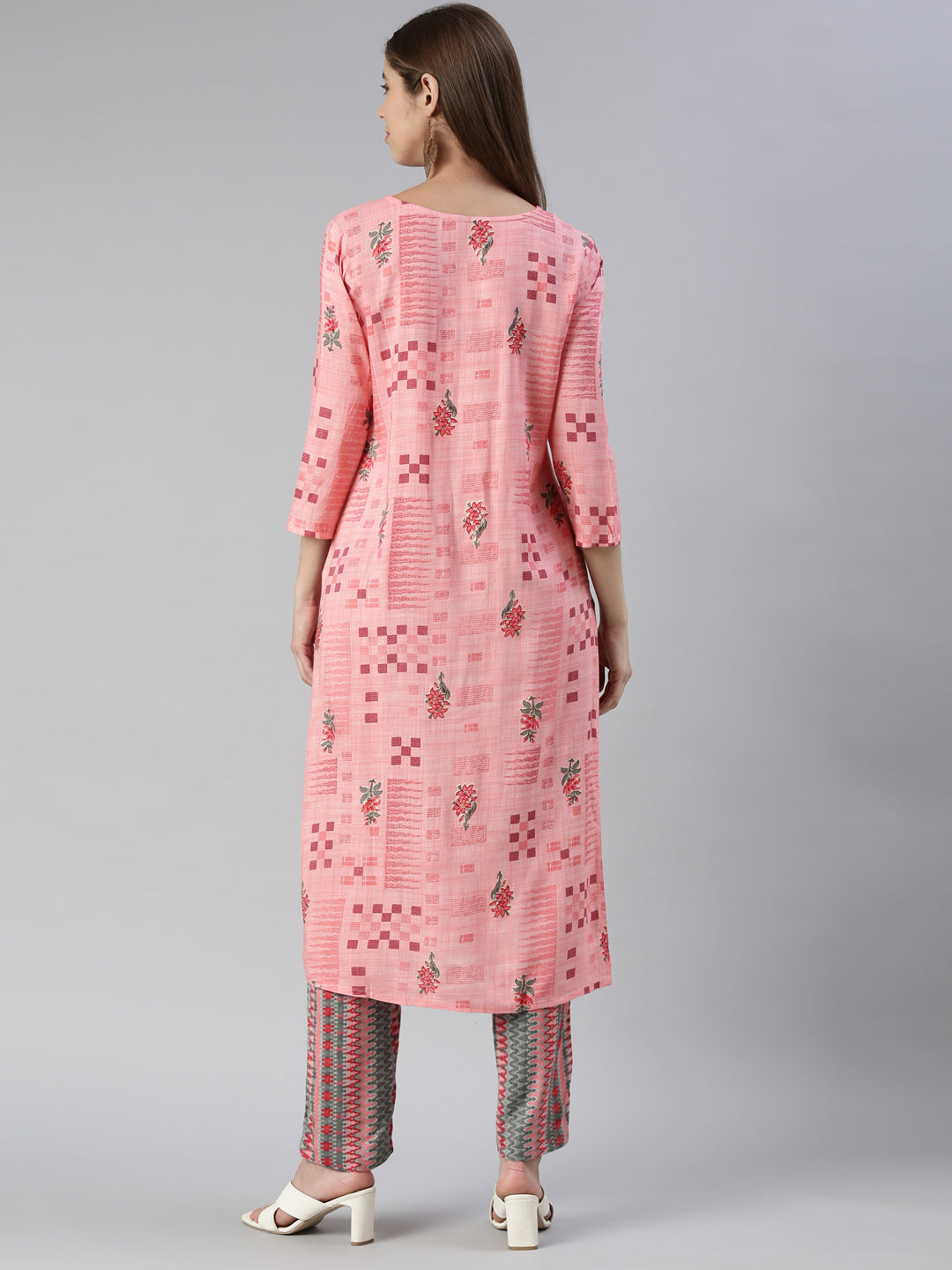 Neerus Women Pink Embroidered Calf Length Kurta And Trousers