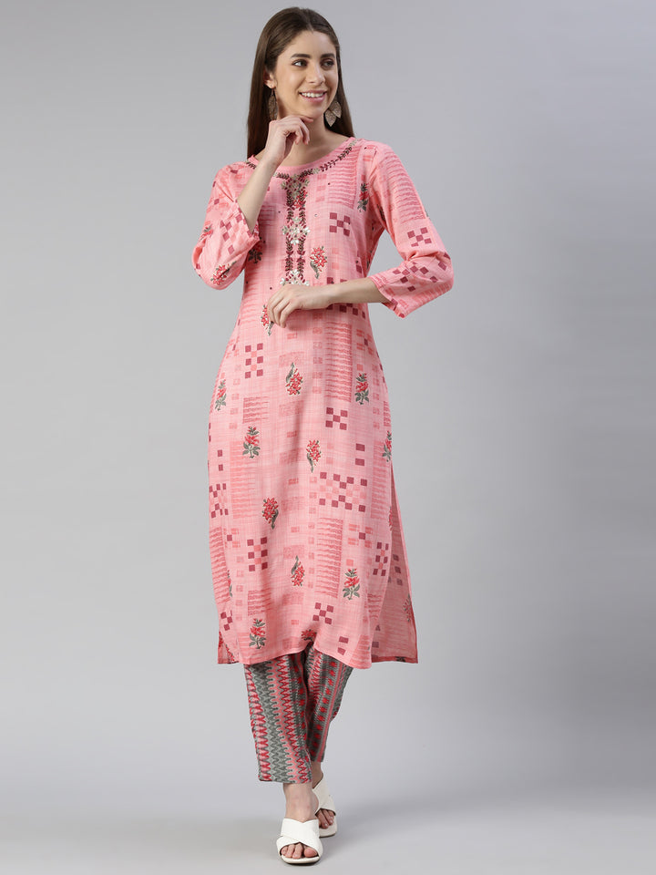 Neerus Women Pink Embroidered Calf Length Kurta And Trousers