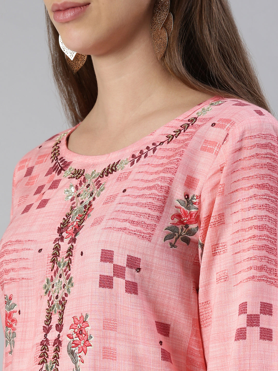 Neerus Women Pink Embroidered Calf Length Kurta And Trousers