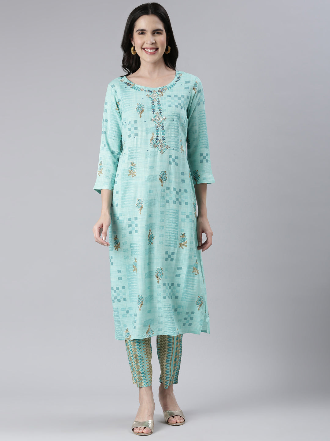 Neerus Women Sea Green Embroidered Calf Length Kurta And Trousers
