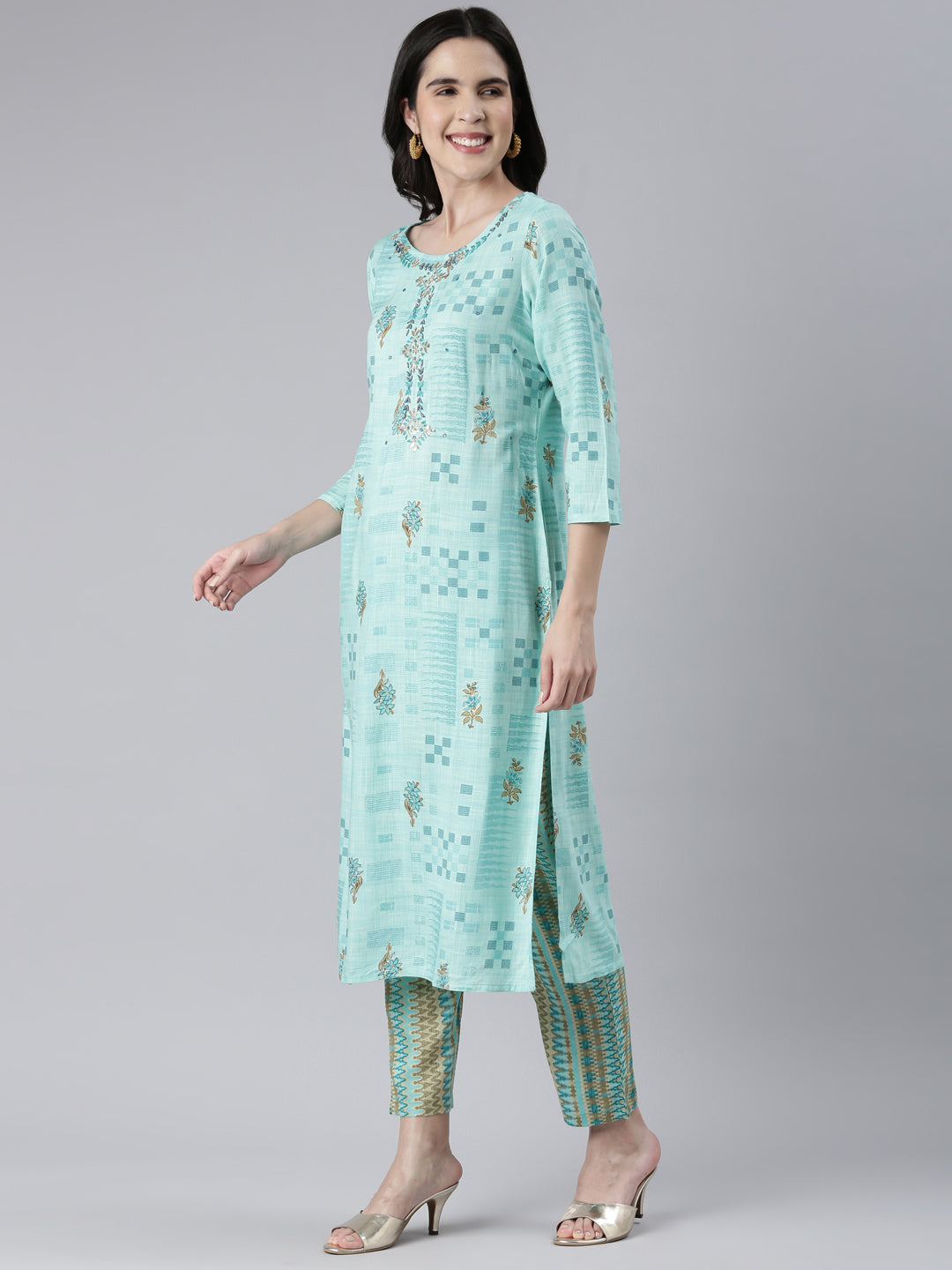 Neerus Women Sea Green Embroidered Calf Length Kurta And Trousers