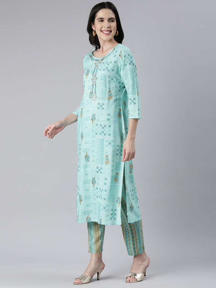 Neerus Women Sea Green Embroidered Calf Length Kurta And Trousers