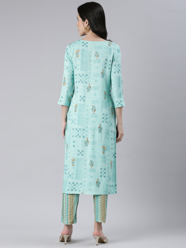 Neerus Women Sea Green Embroidered Calf Length Kurta And Trousers