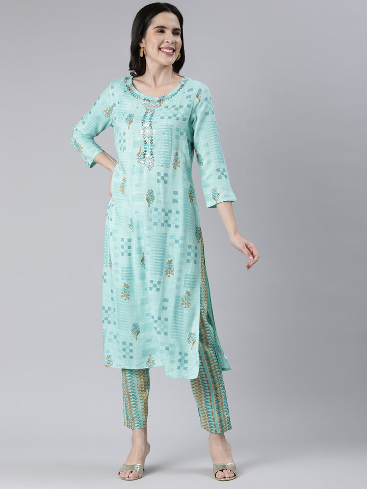 Neerus Women Sea Green Embroidered Calf Length Kurta And Trousers