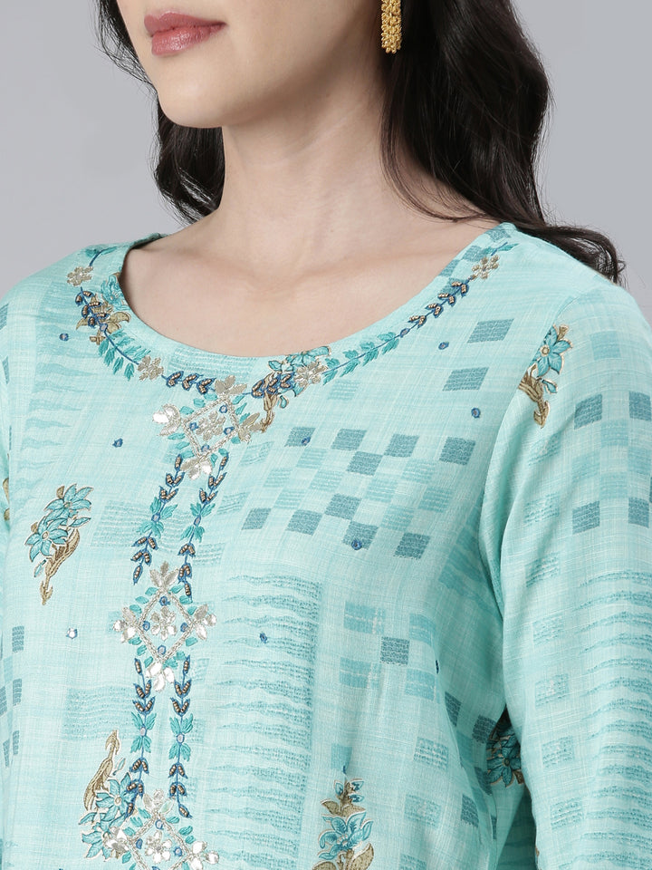 Neerus Women Sea Green Embroidered Calf Length Kurta And Trousers