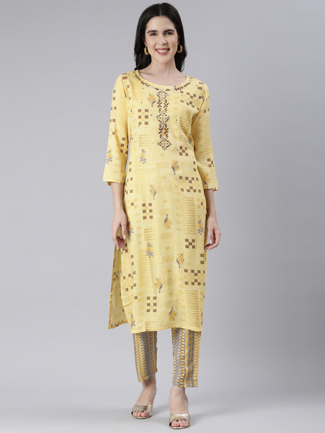 Neerus Yellow Viscose Rayon Embroidered Kurta Set - front view