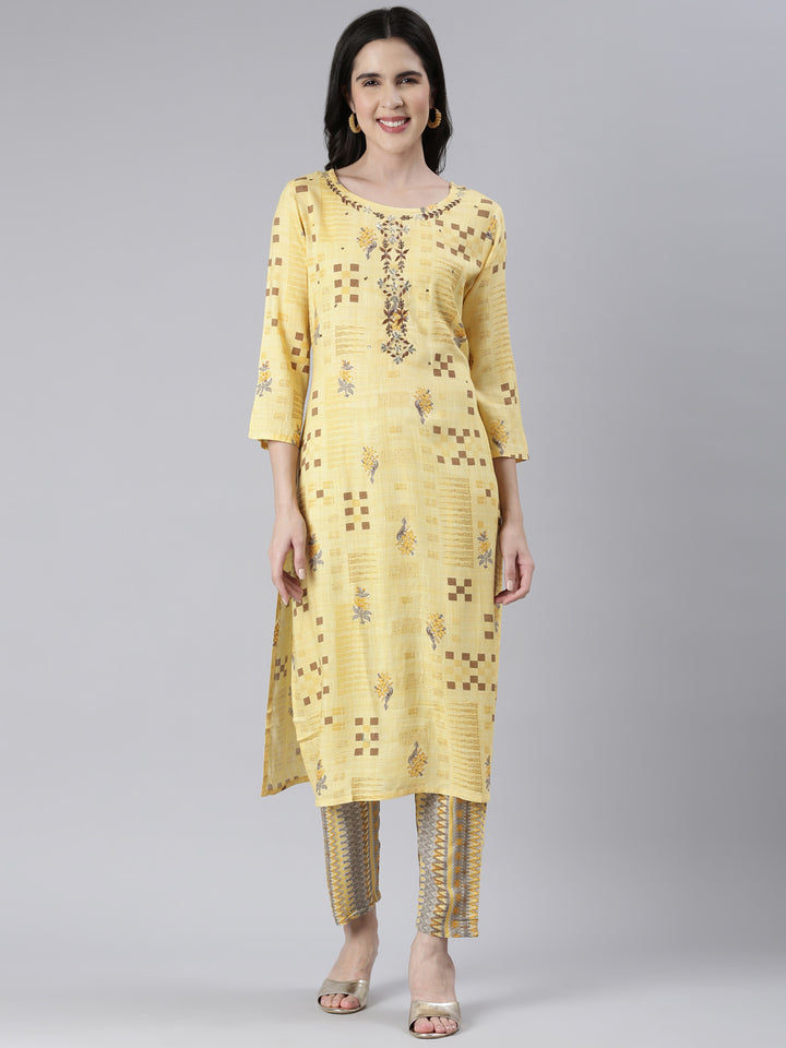 Neerus Yellow Viscose Rayon Embroidered Kurta Set - front view