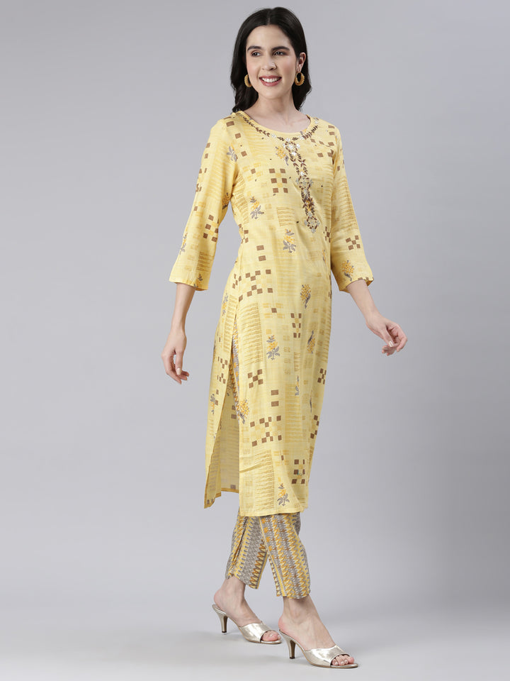 Neerus Yellow Viscose Rayon Embroidered Kurta Set - back view