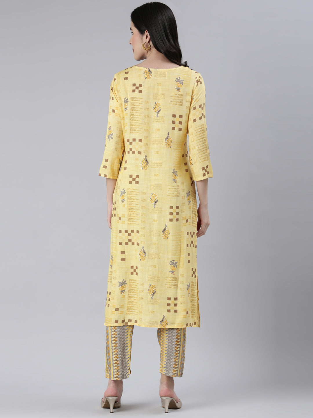 Neerus Women  Yellow Embroidered Calf Length Kurta And Trousers