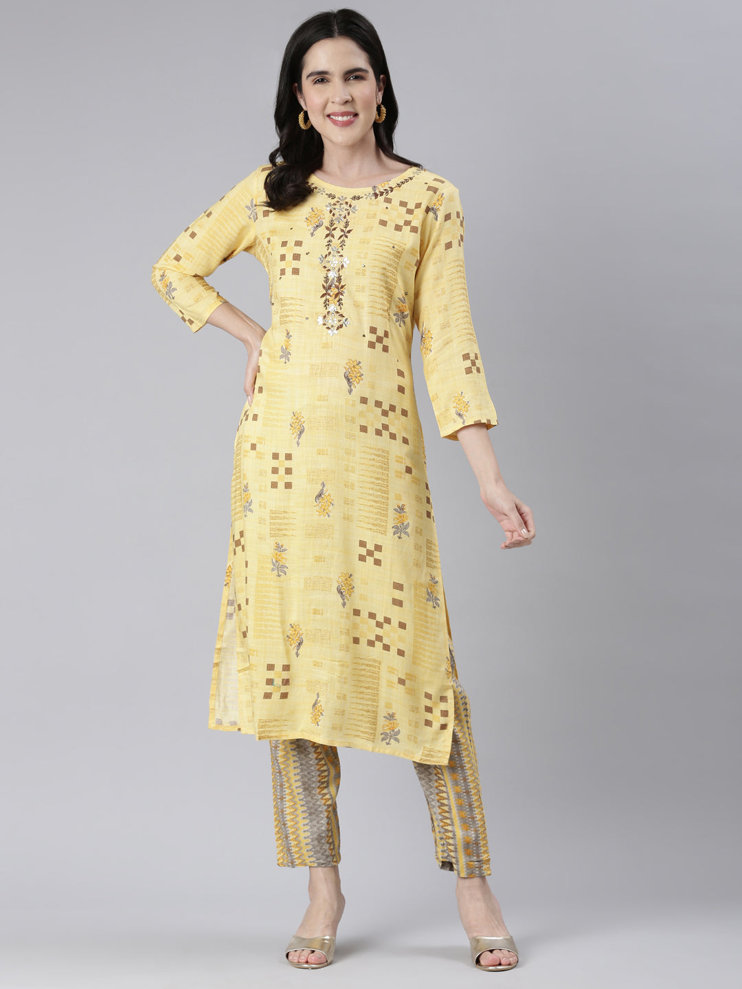 Neerus Yellow Viscose Rayon Embroidered Kurta Set - detail view 2