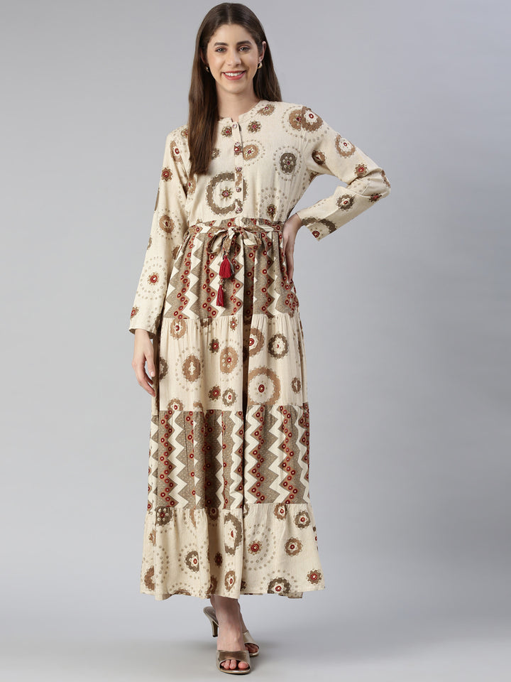 Neerus Cream Maxi Casual Printed Dresses