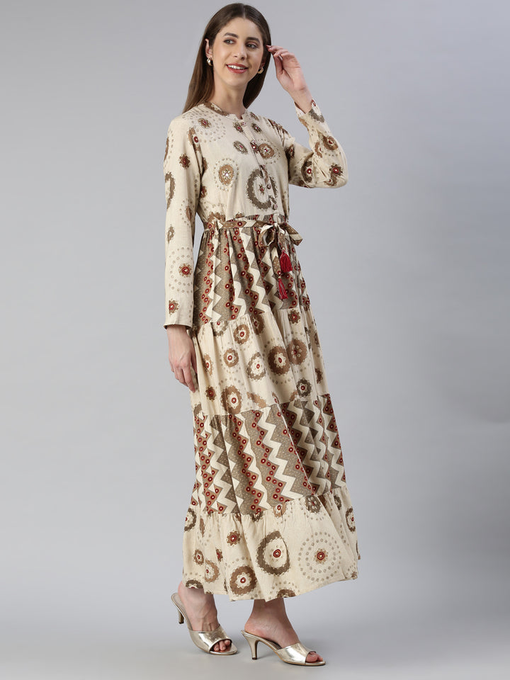 Neerus Cream Maxi Casual Printed Dresses
