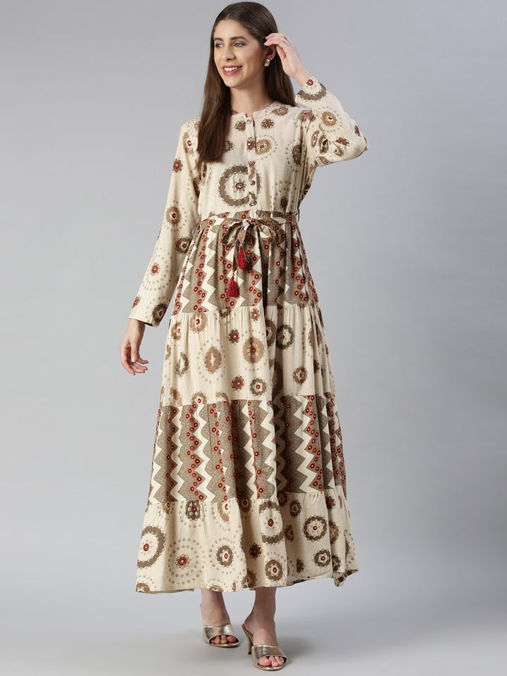 Neerus Cream Maxi Casual Printed Dresses