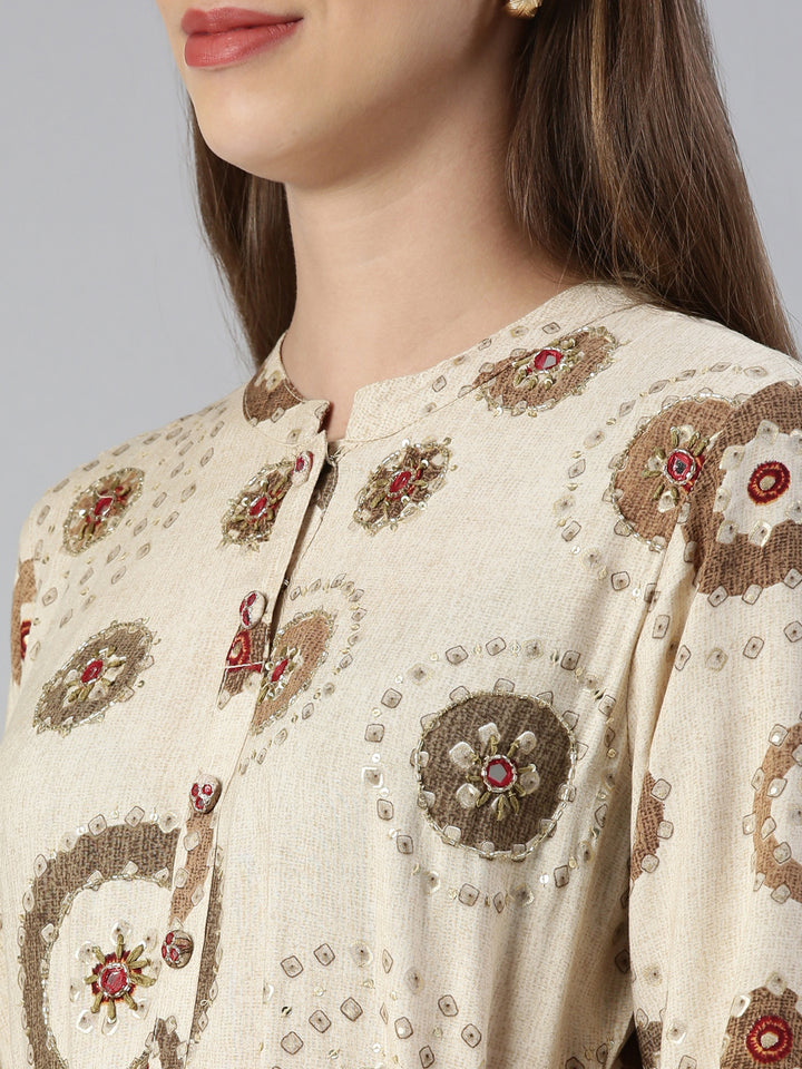 Neerus Cream Maxi Casual Printed Dresses