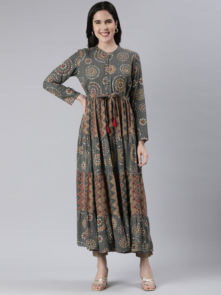 Neerus Grey Maxi Casual Printed Dresses