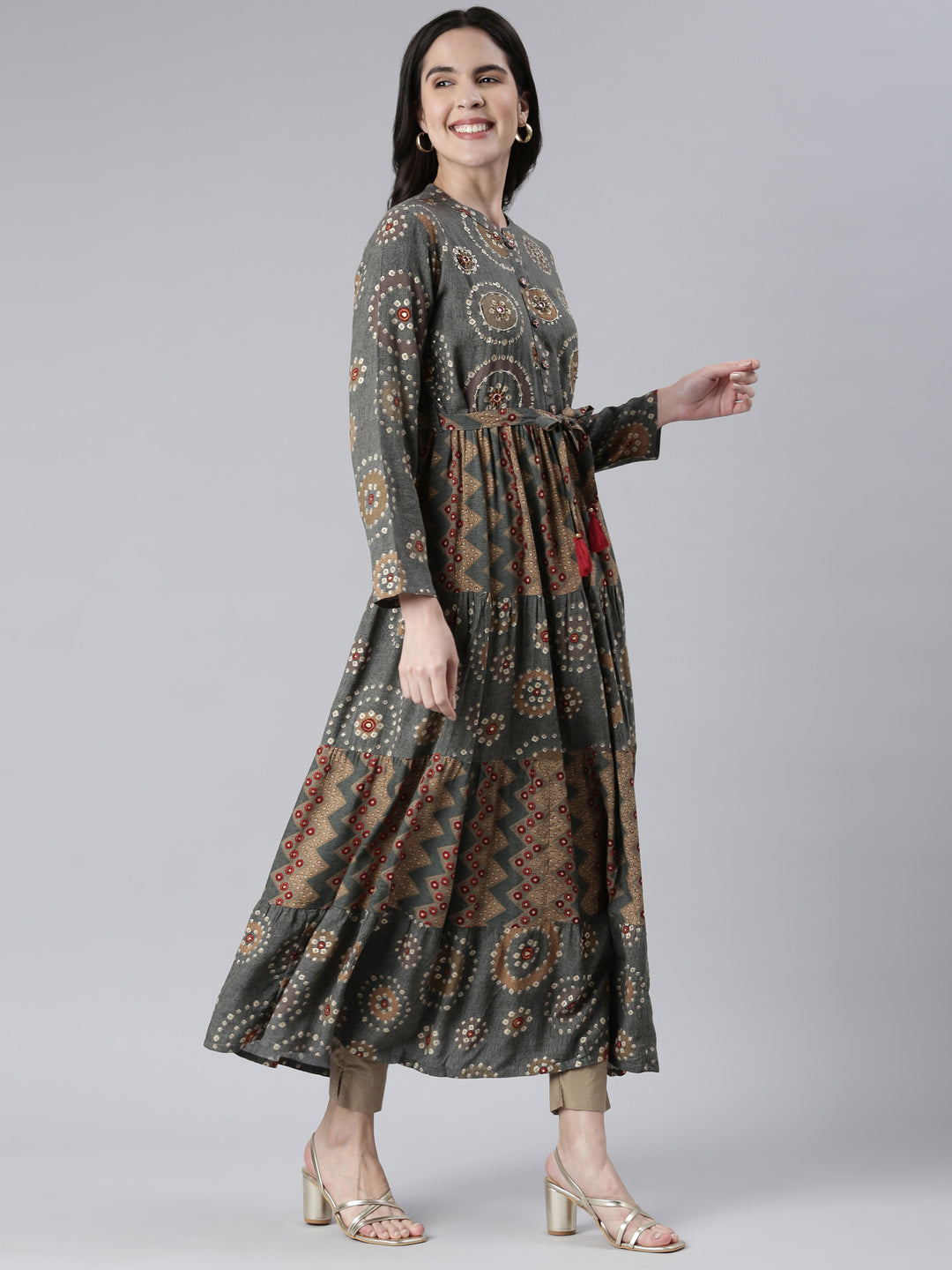 Neeru's Grey Maxi Casual Printed Dresses