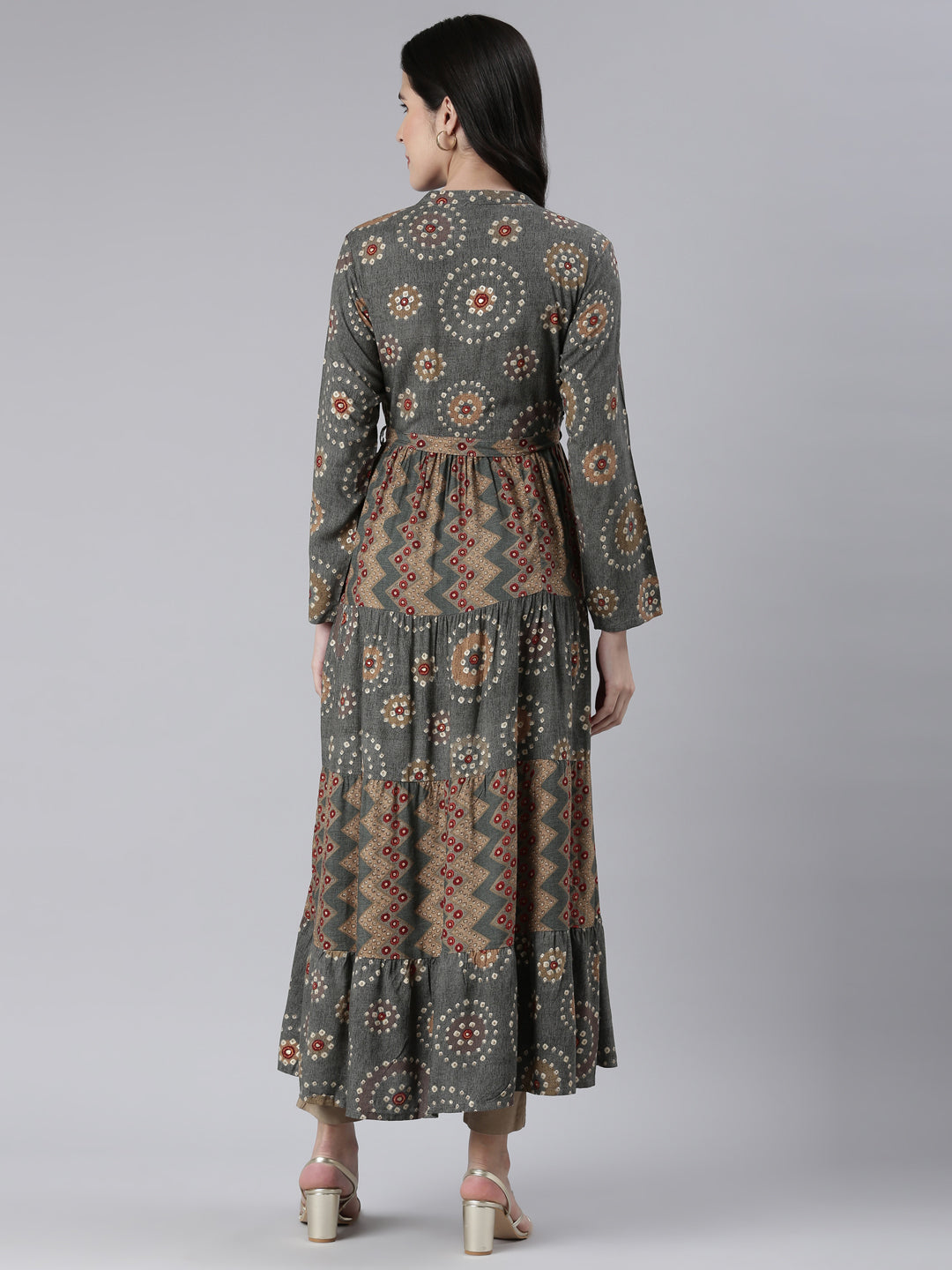 Neerus Grey Maxi Casual Printed Dresses