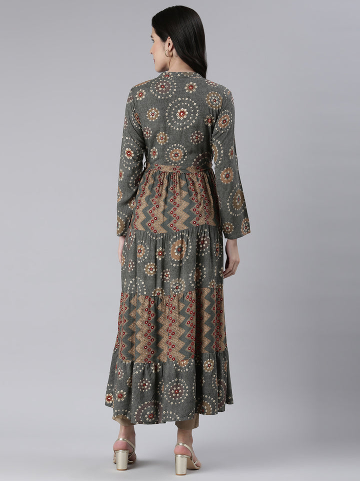 Neerus Grey Maxi Casual Printed Dresses