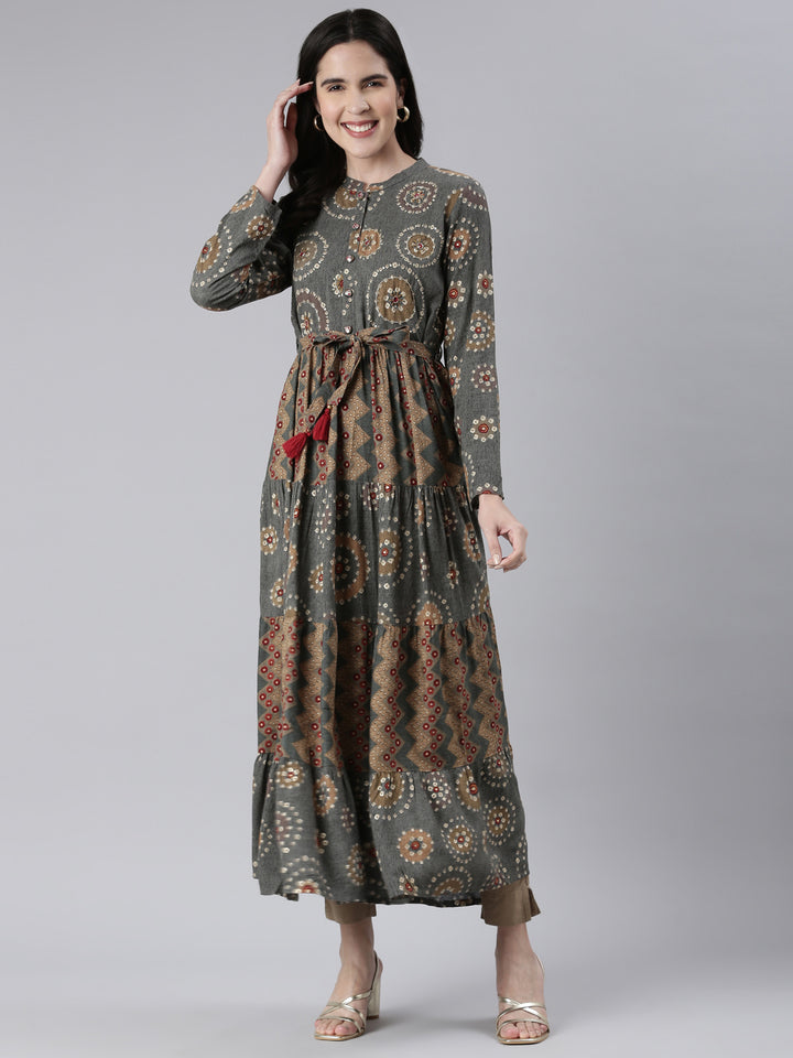 Neerus Grey Maxi Casual Printed Dresses