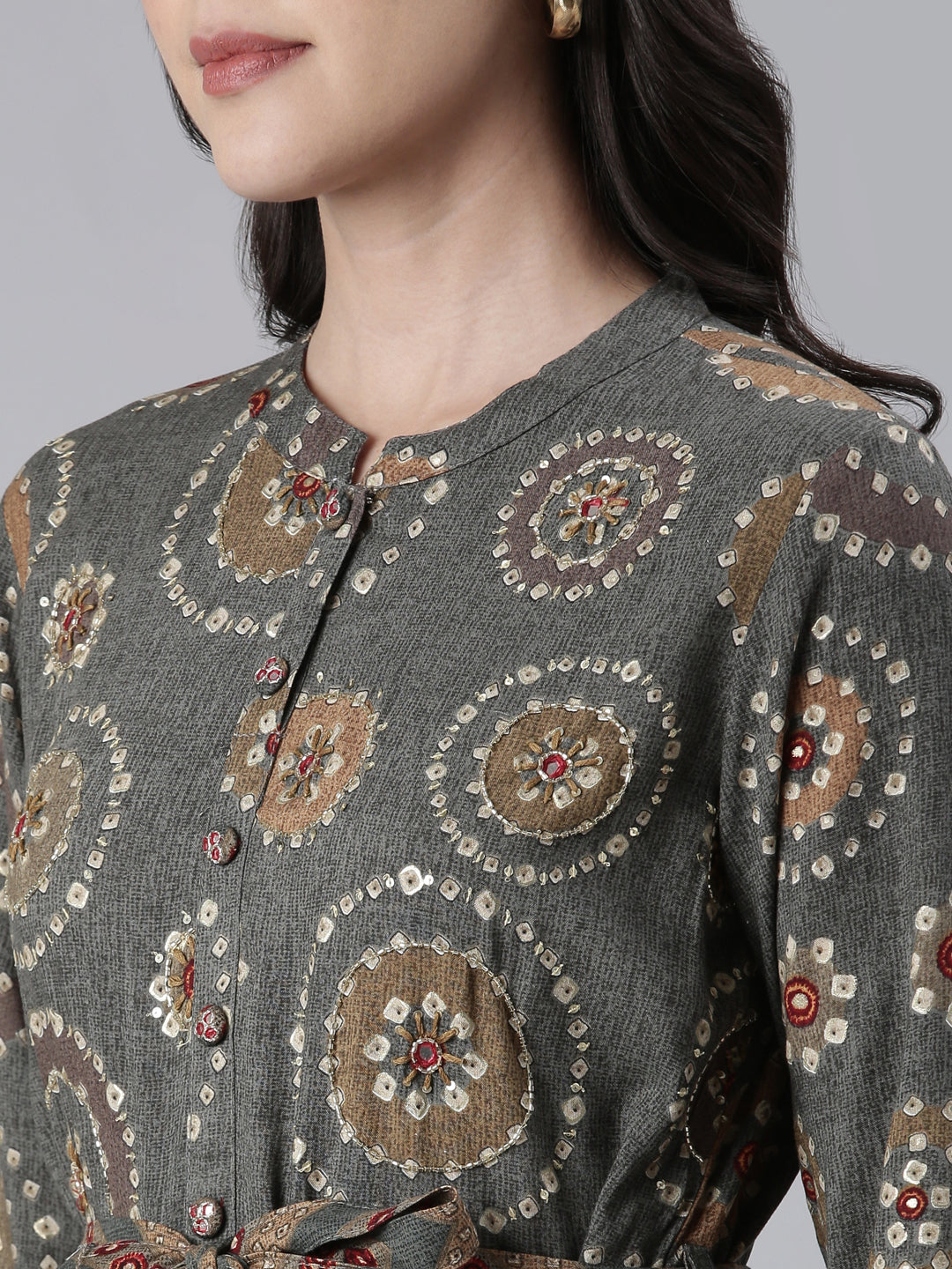 Neerus Grey Maxi Casual Printed Dresses