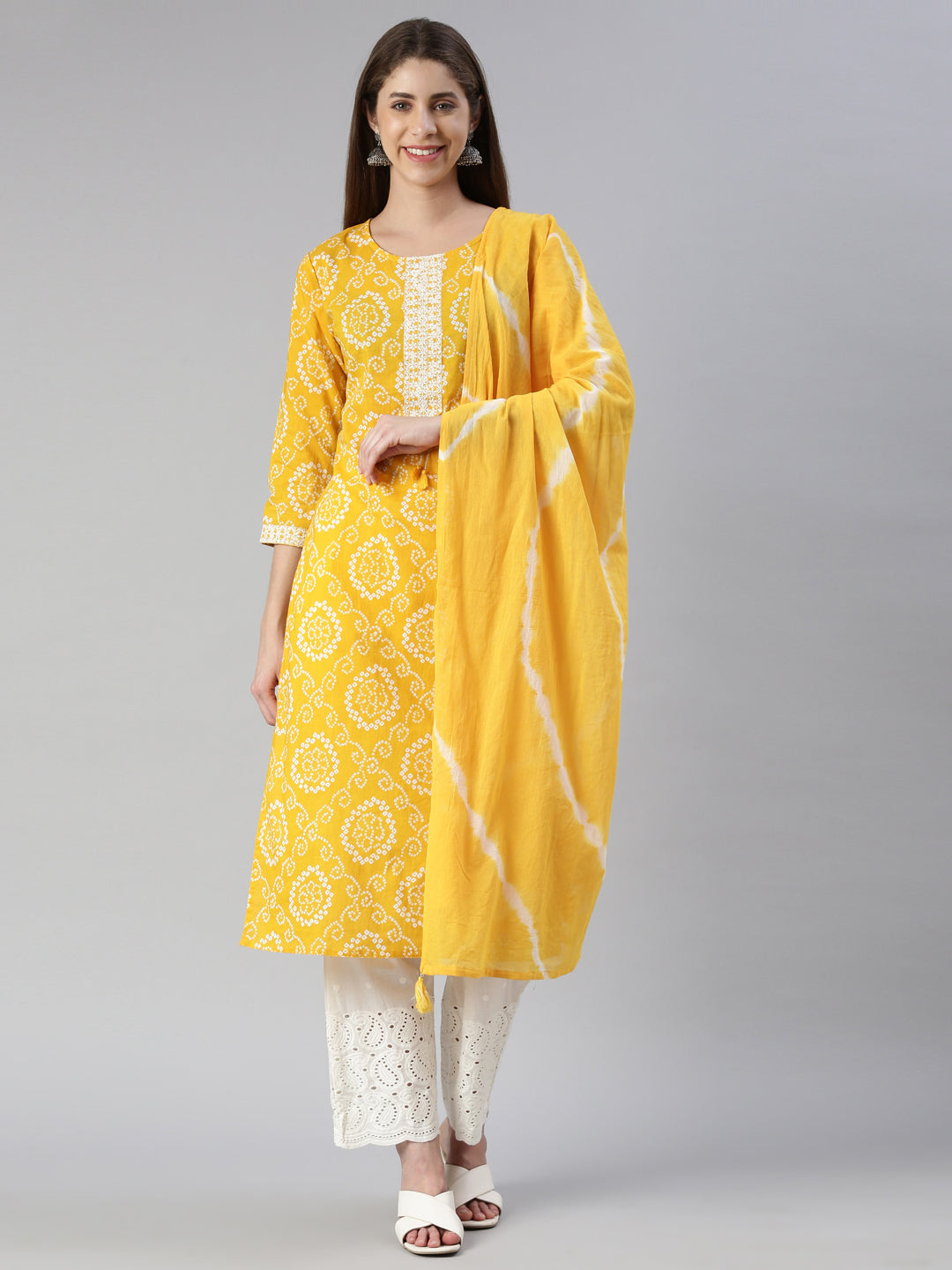 Neerus Women Mustard Printed Calf Length Kurta And Palazzos With Dupatta