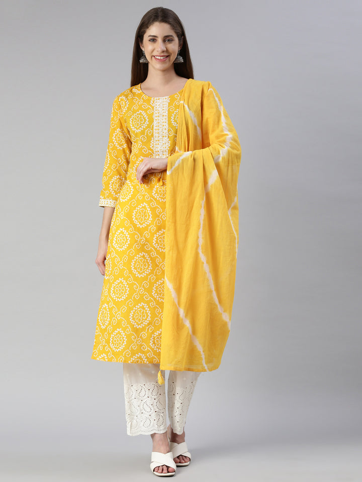 Neerus Women Mustard Printed Calf Length Kurta And Palazzos With Dupatta
