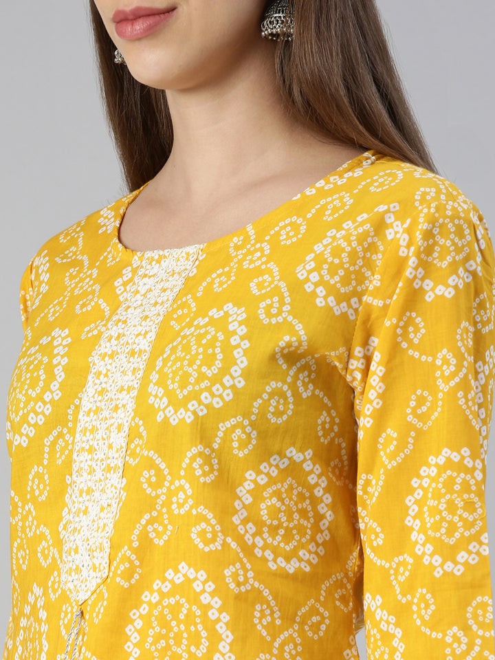 Neerus Women Mustard Printed Calf Length Kurta And Palazzos With Dupatta